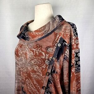Ali Miles Paisley Knit Tunic Women's 2X Multicolor Buttons Cowl Neck Artsy